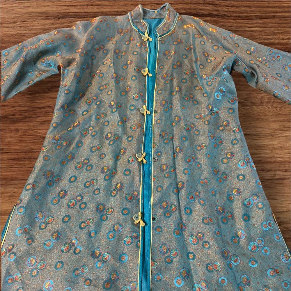 Vintage Asian‎ Inspired Jacket Robe Teal Blue Circle Pattern Frog Closures - Picture 2 of 6